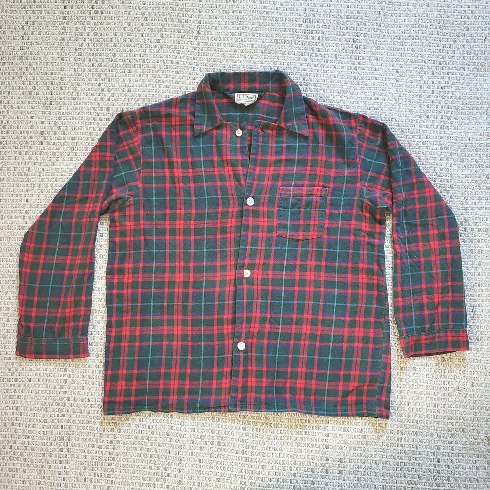 Vintage L.L.Bean Red Flannel Mens L* Heavy Cotton Red Green Plaid Christmas